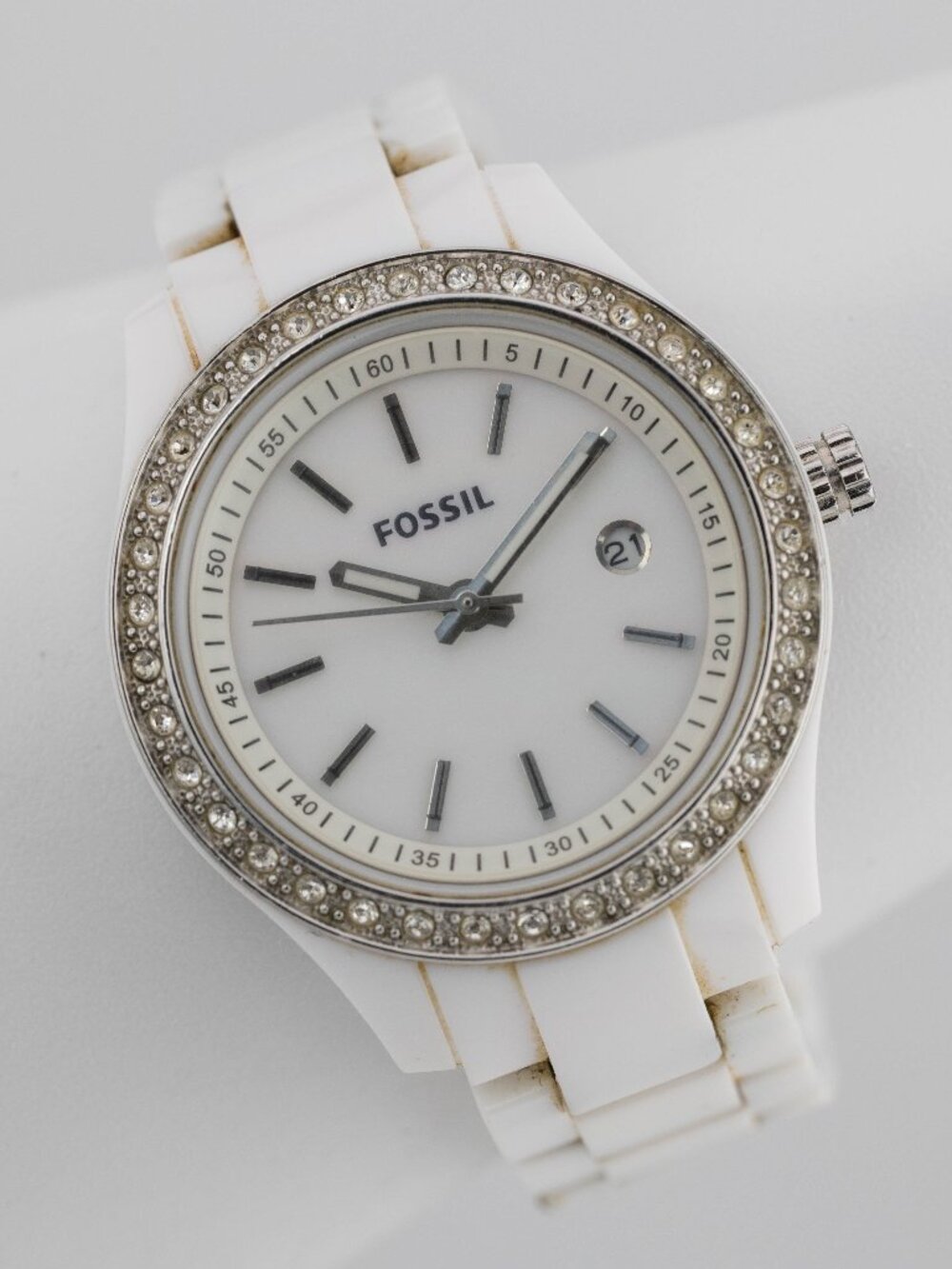 FOSSIL ES-2437 Stella White Resin Date Quartz Analog Women's Watch New Battery